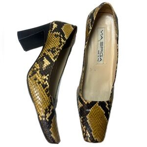 Via Spiga Italian Made Snakeskin Embossed Leather Block Heel Square Toe Pumps